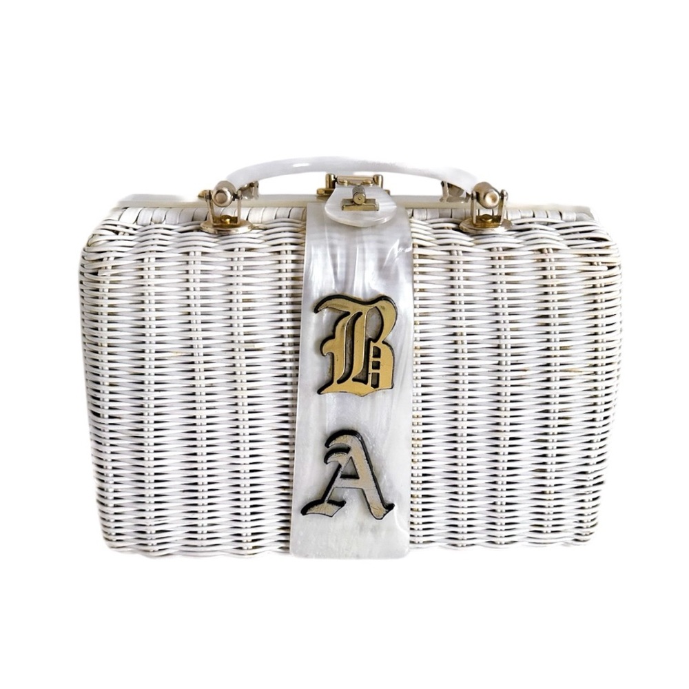 Charming by Atlas Hollywood White Wicker Box Purse Vintage Pearlized Monogram
